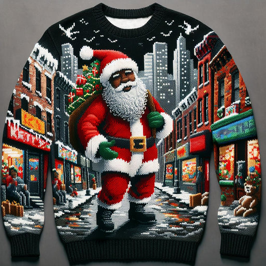 A Christmas themed sweatshirt featuring a design with Santa Claus, reindeer, and holiday-related imagery against a city street background.