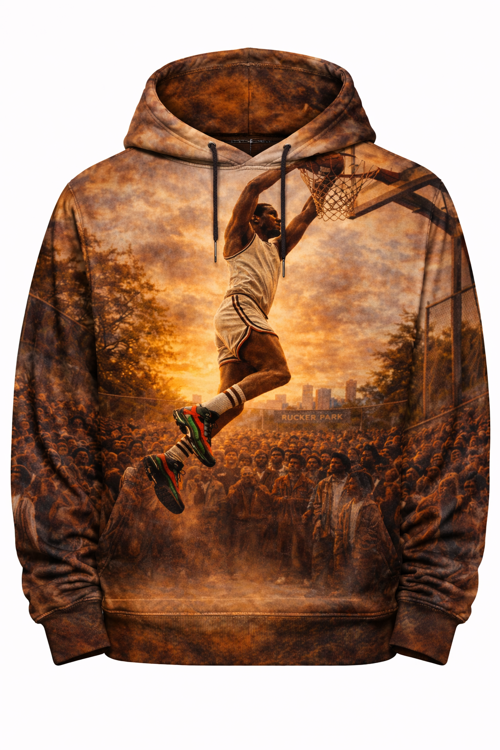 "Concrete King" Rucker Park Streetwear Hoodie – Cinematic Sunset Slam Dunk All-Over Print front view