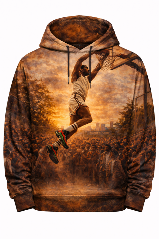 "Concrete King" Rucker Park Streetwear Hoodie – Cinematic Sunset Slam Dunk All-Over Print front view