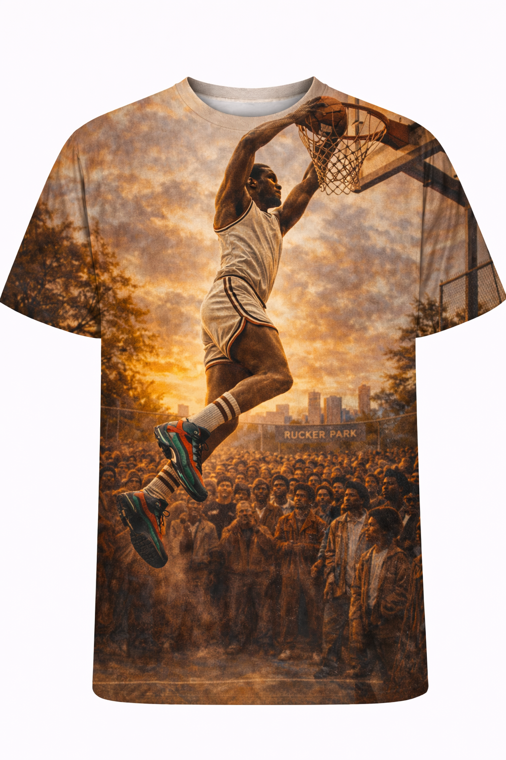 "Concrete King" Rucker Park Streetwear Tee – Cinematic Sunset Slam Dunk All-Over Print front view