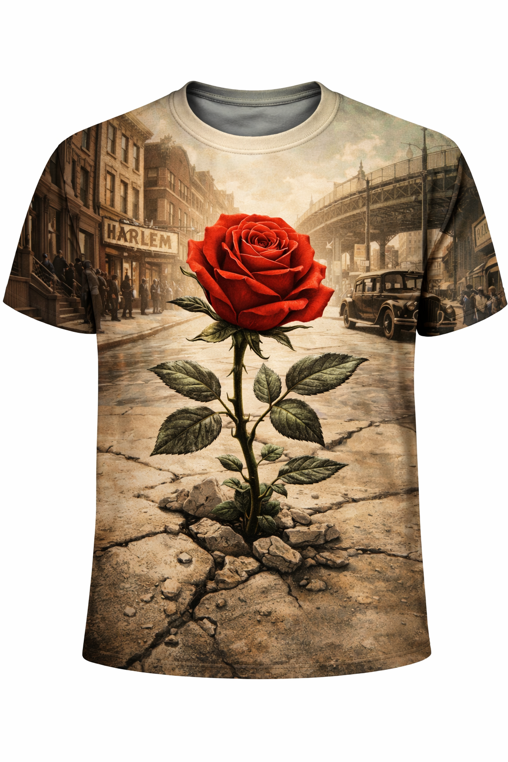 Rose Through the Concrete – Harlem™ All-Over Sublimation T-Shirt – Black History Collection front view
