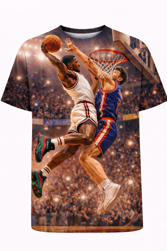 "Posterized" Streetwear Tee – Cinematic Above-the-Rim Basketball Graphic Shirt front view