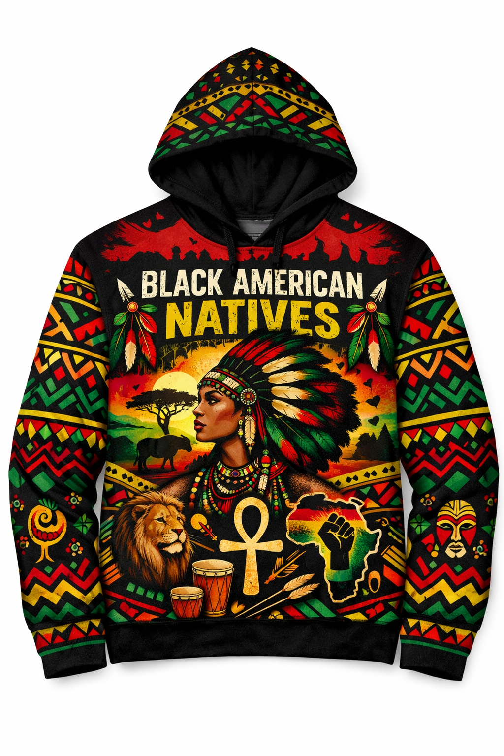 Black American Natives Heritage Hoodie™ All-Over Sublimation Hoodie – Black History Collection front view
