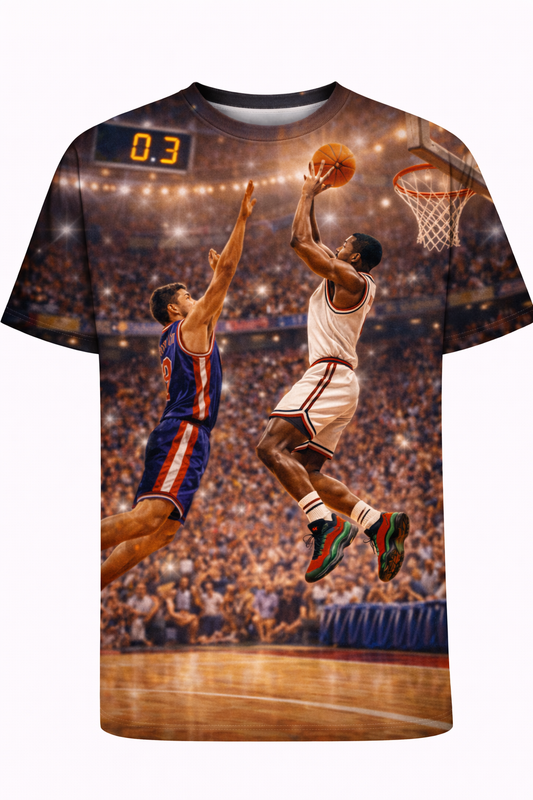 "The Clutch Shot" All-Over Print Tee – Retro Basketball Action Graphic Shirt front view