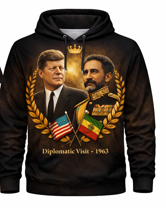 John F. Kennedy & Emperor Haile Selassie Diplomatic Visit 1963™ All-Over Sublimation Hoodie – Black History Collection front view
