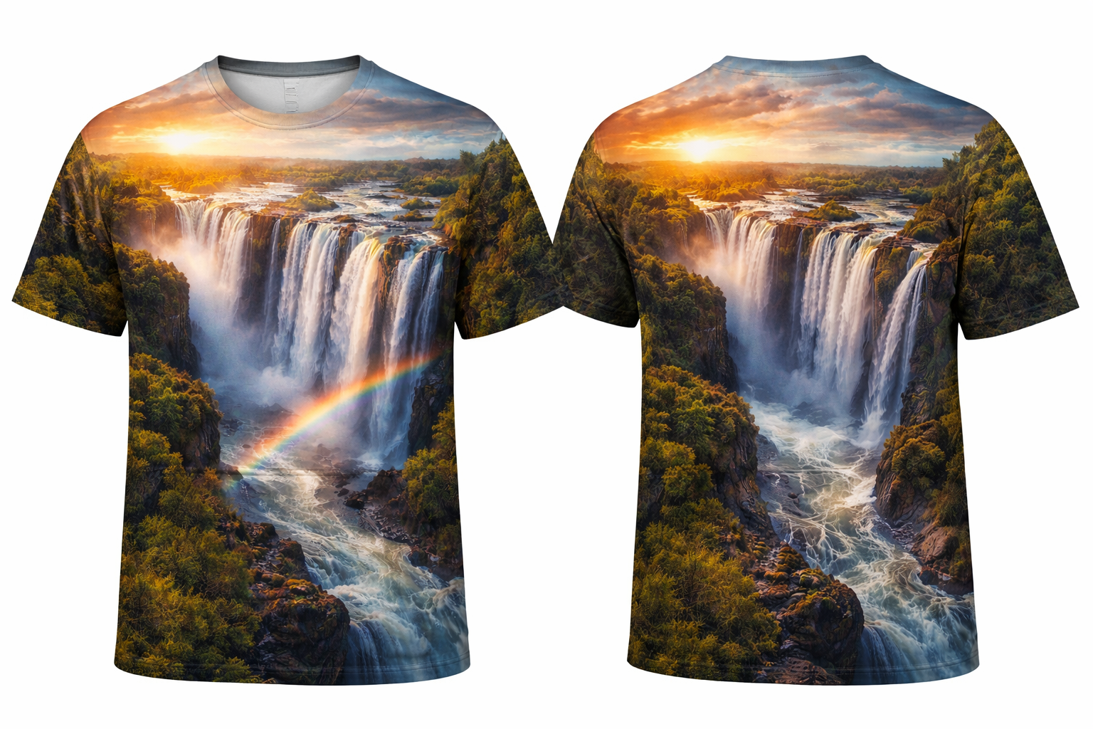 Majestic Victoria Falls Sunset All-Over Print Rainbow Landscape Graphic Tee front view