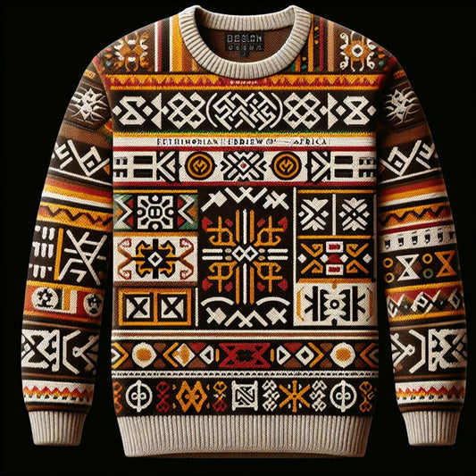 A multicolored geometric-patterned hoodie with a crew neck design.
