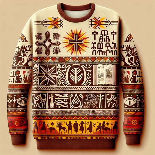 A Heritage Reborn Hoodie featuring a vibrant and intricate African-inspired design with symbols and patterns.
