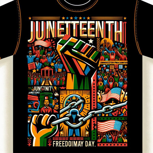 A Juneteenth themed T-shirt featuring a vibrant and colorful design with various symbols and text commemorating the event.