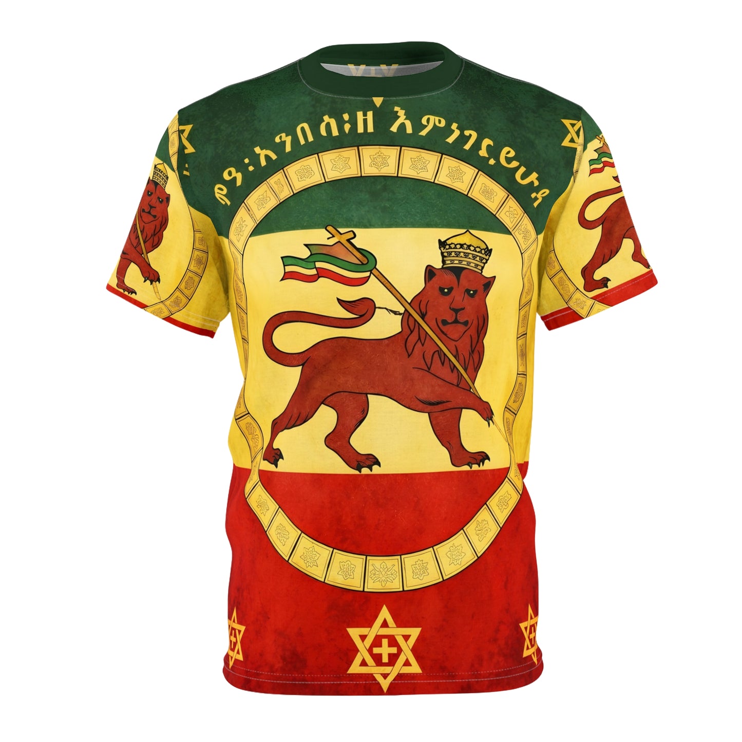Lion of Judah Ethiopian Rastafarian unisex cut and sew AOP graphic t-shirt design