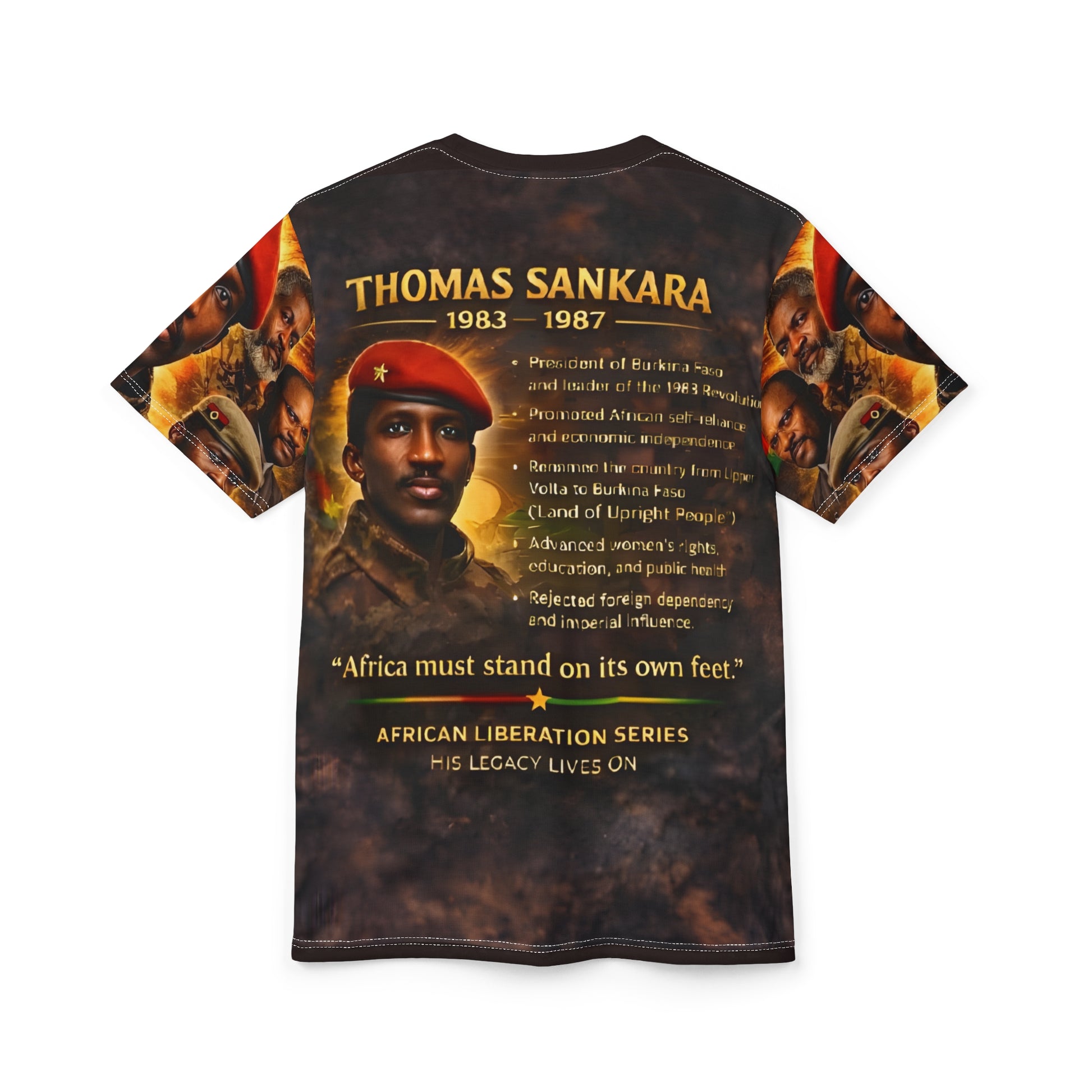 Model wearing Thomas Sankara Black History Month AOP tee — unisex fit, Nagast Footwear