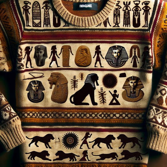 A multicolored hoodie with a geometric and historical textile design, featuring symbols and figures significant to African culture.