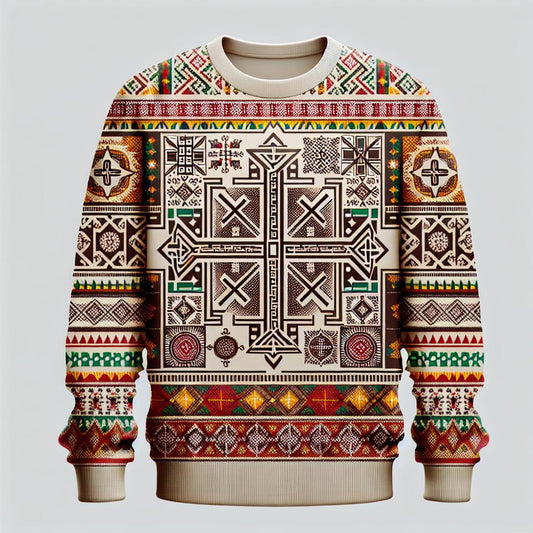 A hoodie featuring a geometric pattern with African-inspired designs in a range of colors including beige, brown, and brightly colored patterns.
