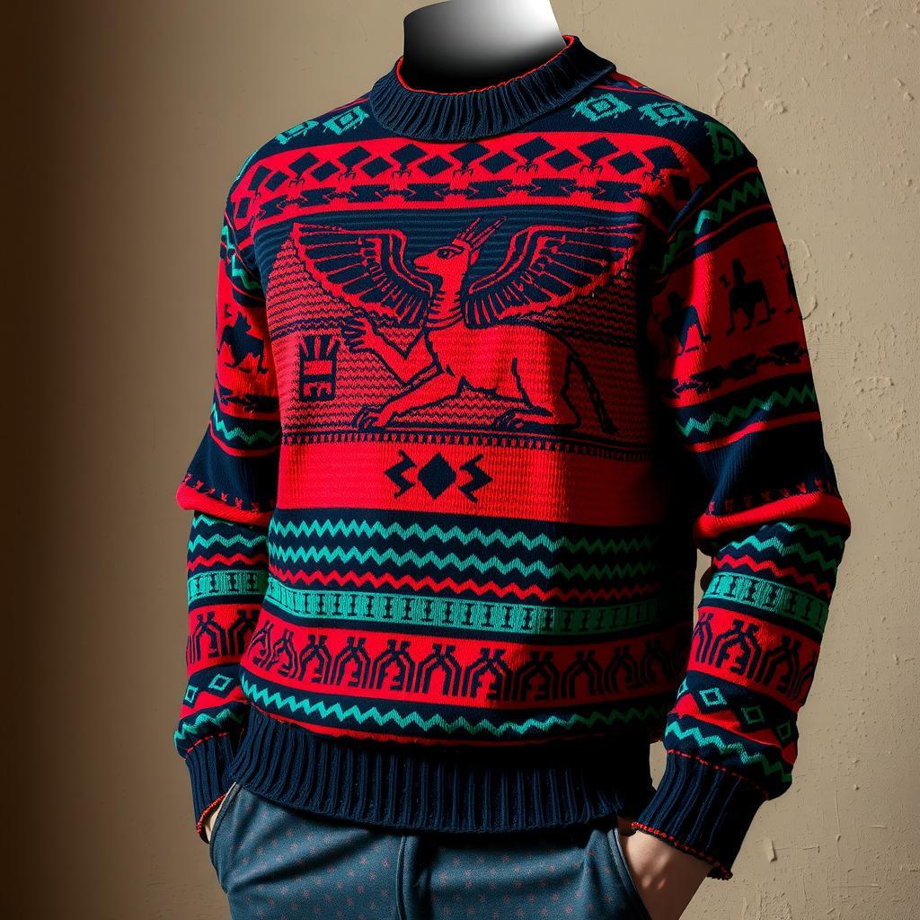 A mannequin wearing a multicolored hoodie with a pre-colonial African pattern design.