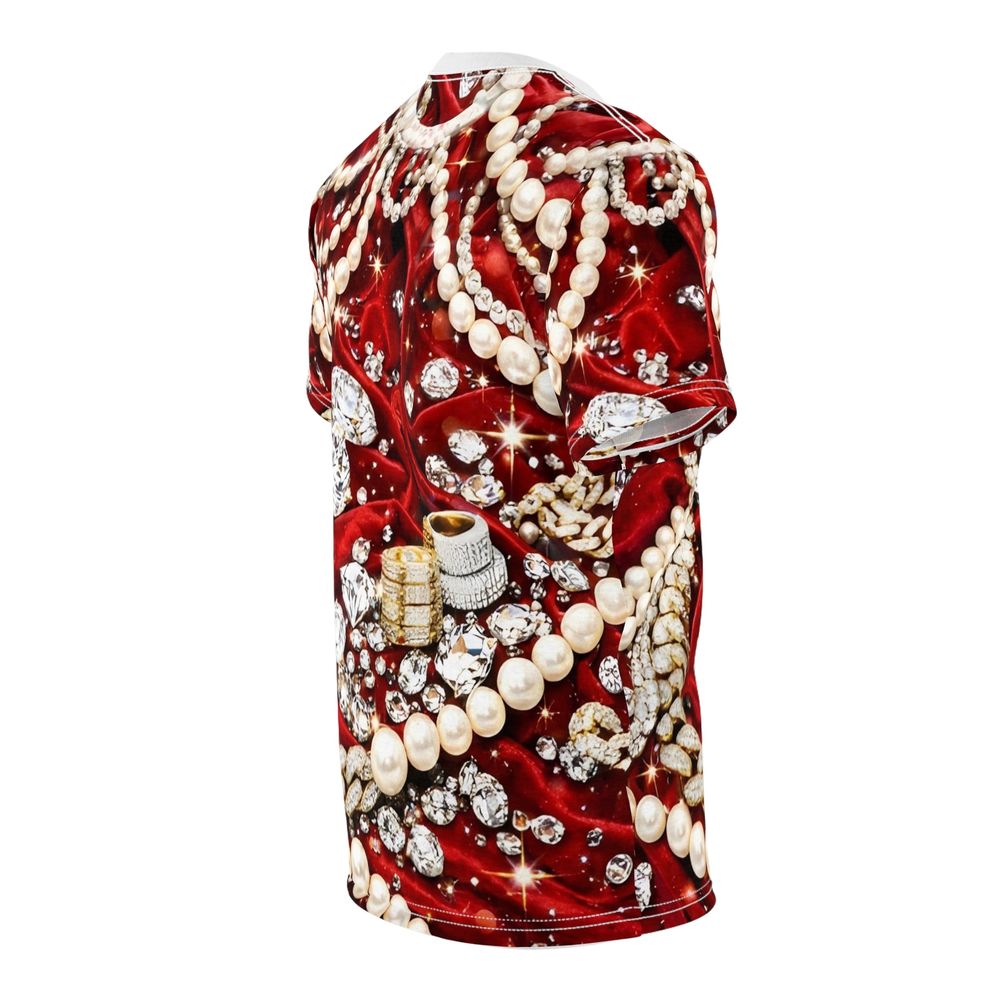 Red velvet diamond glitter all over print unisex t-shirt Side view