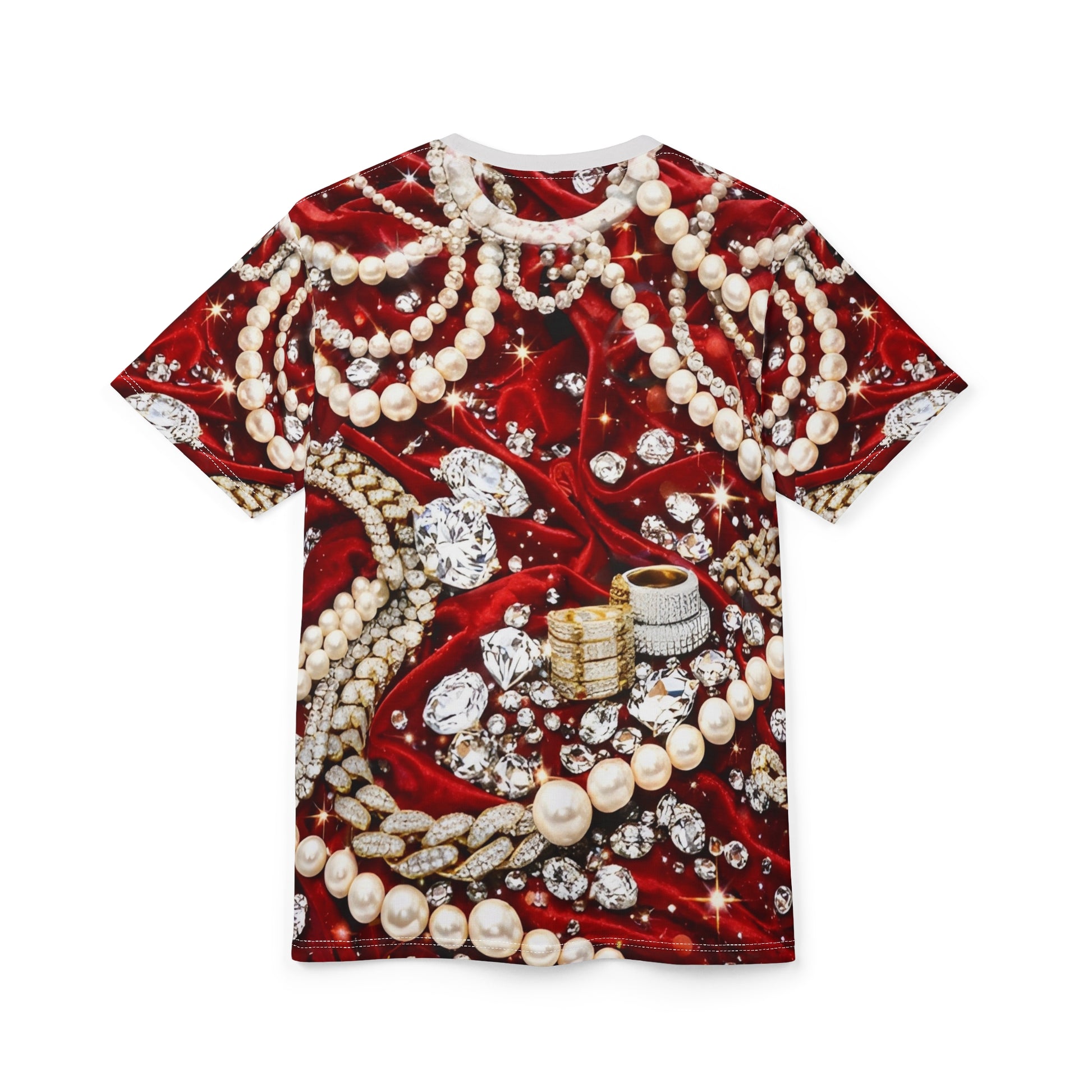 Red velvet diamond glitter all over print unisex t-shirt back view