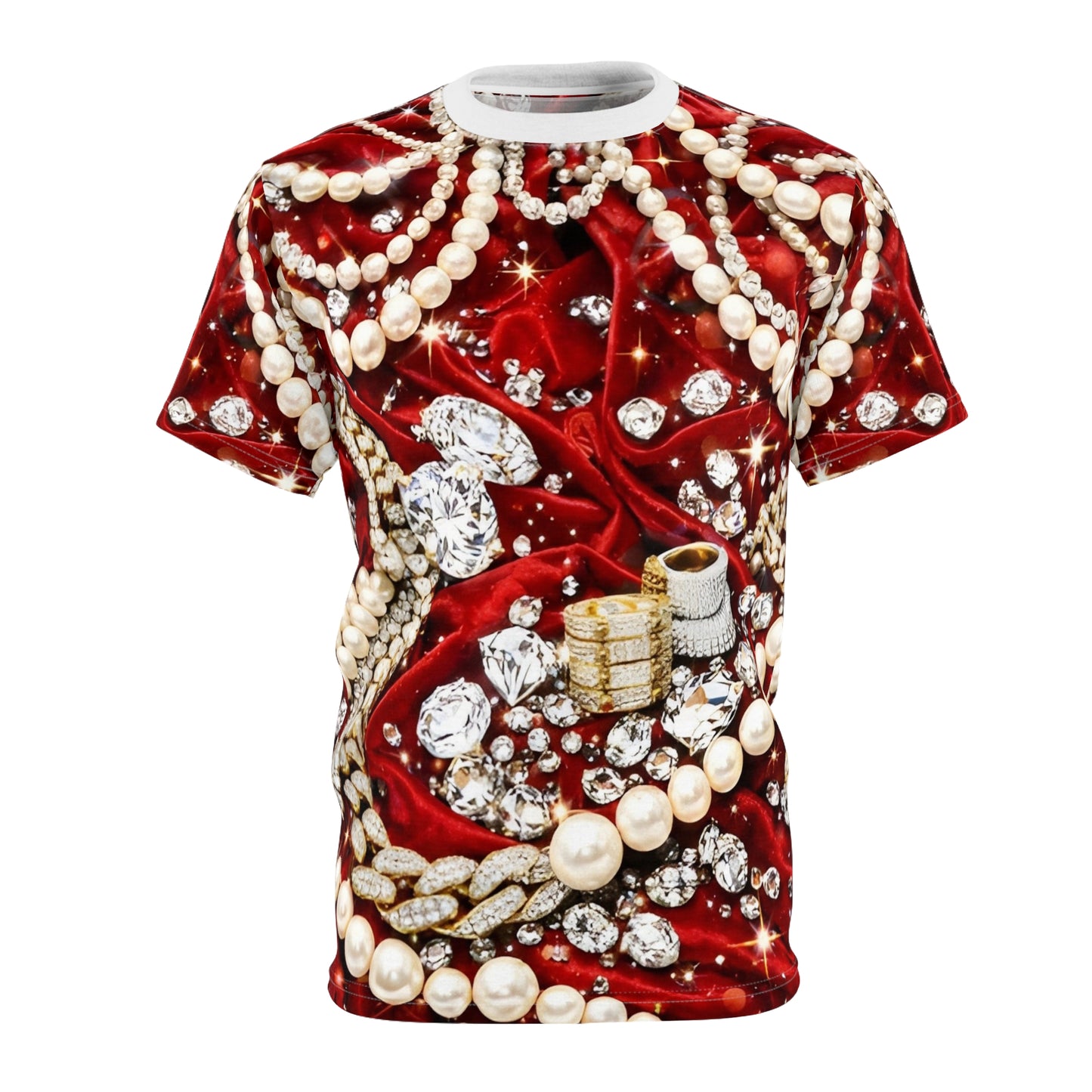 Red velvet diamond glitter all over print unisex t-shirt front view