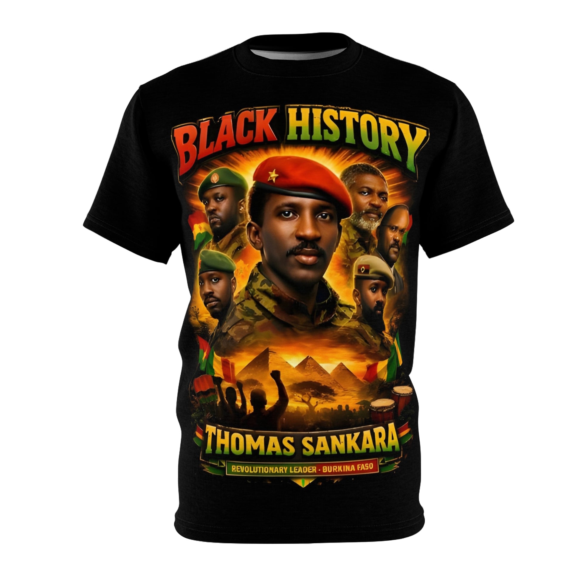 Thomas Sankara all-over print unisex t-shirt front view – NAGAST Footwear Black History Month Collection