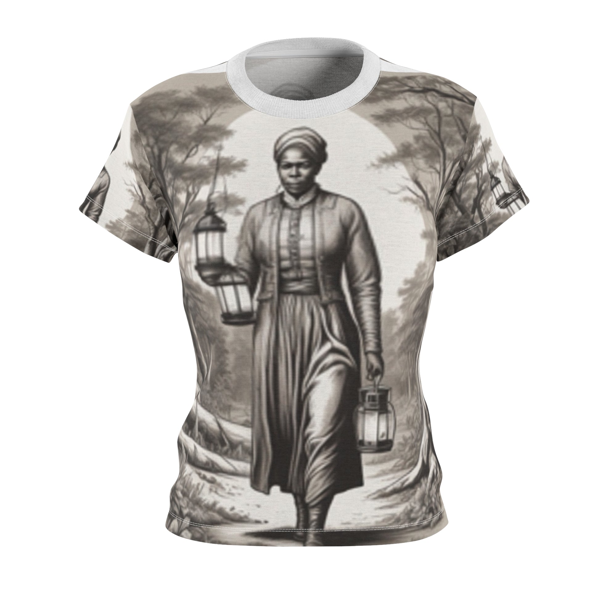 A women's cut and sew t-shirt featuring an all-over print with a historical figure.