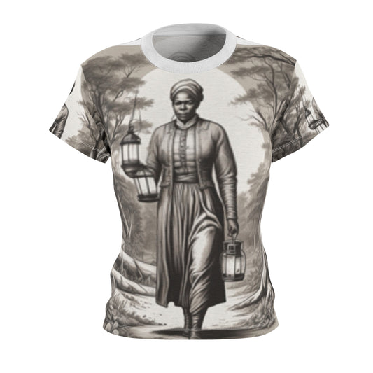 A women's cut and sew t-shirt featuring an all-over print with a historical figure.