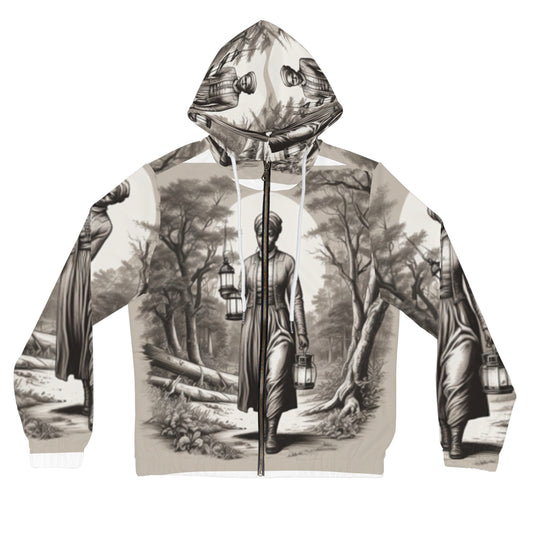 A women's full-zip hoodie with an all-over print featuring figures in a forest setting, with a hood and drawstrings.