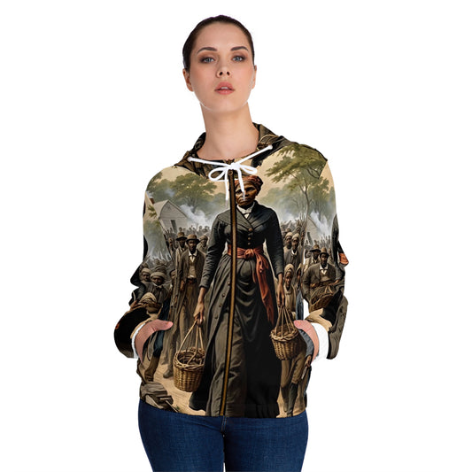 A woman wearing a full-zip hoodie with an all-over print design featuring historical figures and scenes.