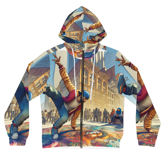 A women's full-zip hoodie with an all-over print featuring characters and urban scenery.