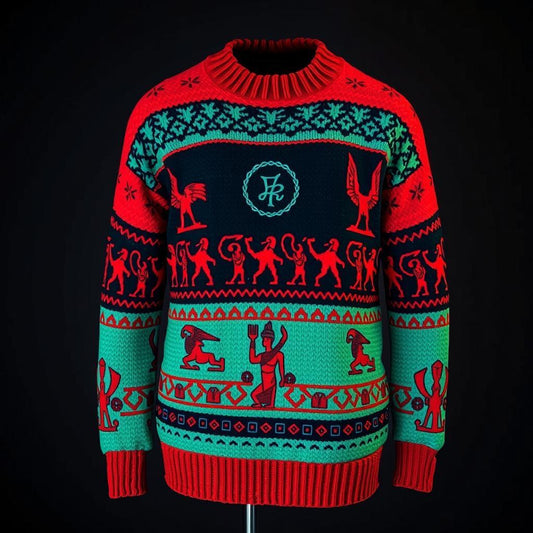 Men's crewneck sweatshirt with an all-over print featuring geometric and ethnic designs in red, green, black, and white colors.