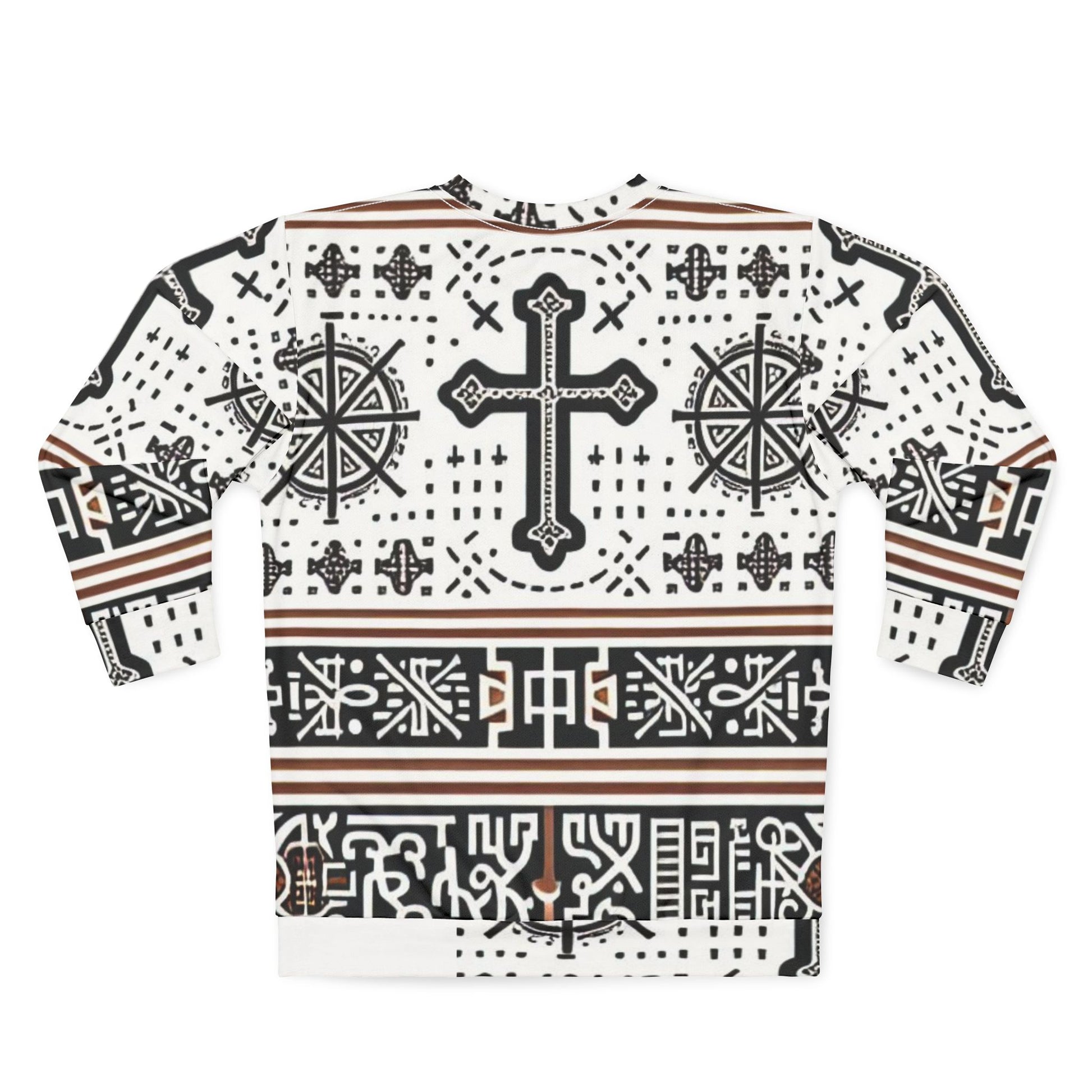 Back view of Black-Owned African Native Heritage unisex sweatshirt featuring seamless all-over print and soft fleece fabric.