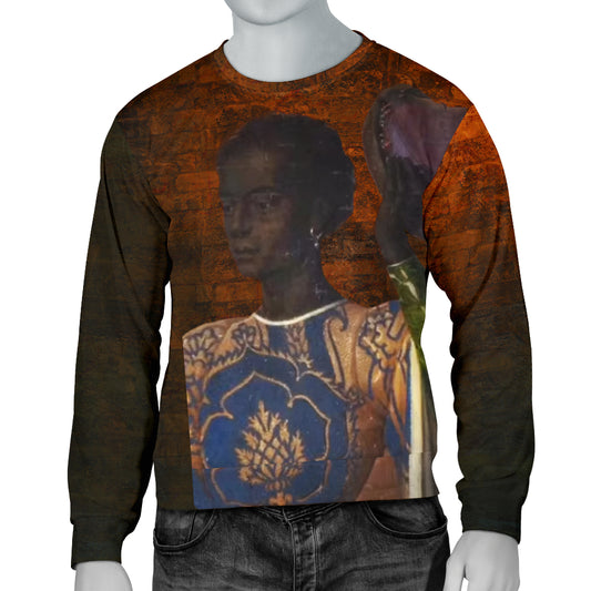 A male mannequin wearing a long-sleeved sweater with an image of an African woman in a vintage-style portrait.