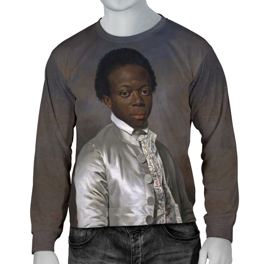 A mannequin displaying a long-sleeved sweater with a printed image of an African youth on the front.
