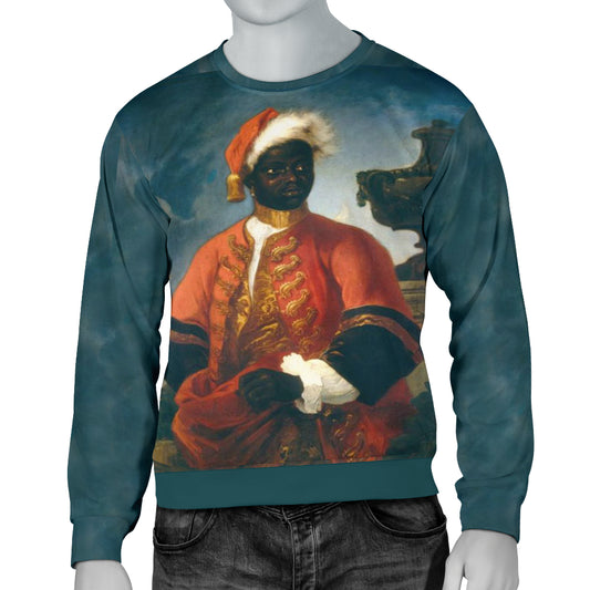  Front view of The Black Gentleman Sweater on mannequin – Black Owned custom-made sweater handcrafted from premium woven polyester, blending elegance and cultural pride.
