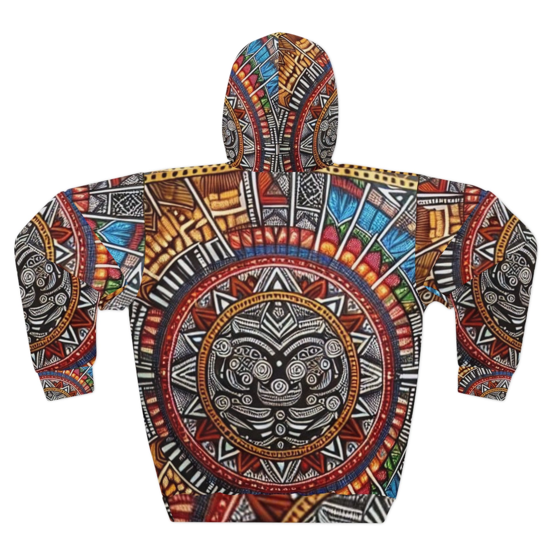 Back view of the Black-Owned African Elegance hoodie laid flat, featuring heritage-inspired all-over print.