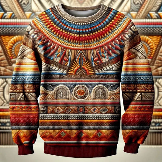 A multicolored, geometric-patterned unisex crewneck sweatshirt displayed against an ornate background.
