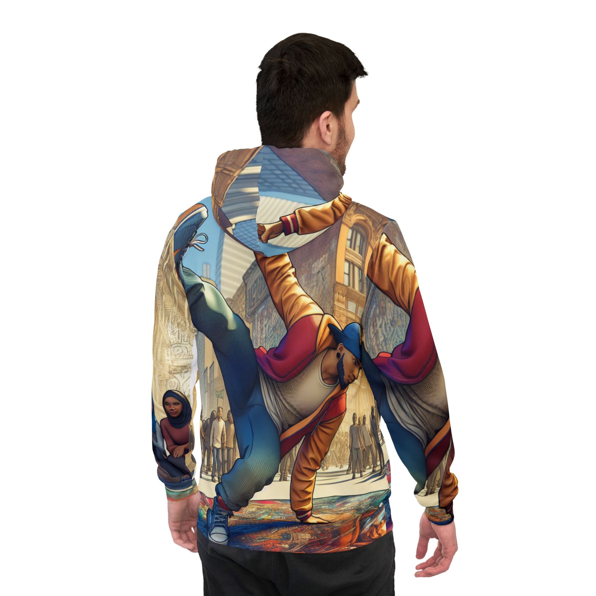 Back view of Black-Owned athletic hoodie (AOP) worn by male model, eco-friendly recycled polyester activewear."