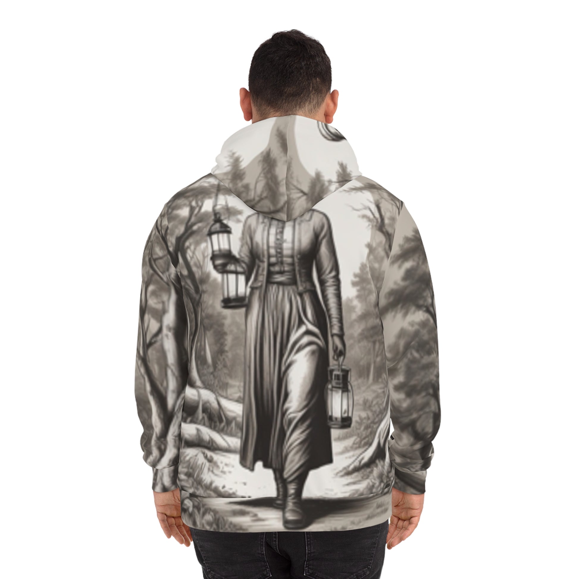 Back view of Black-Owned unisex fashion hoodie (AOP) worn by a model, featuring colorful streetwear design