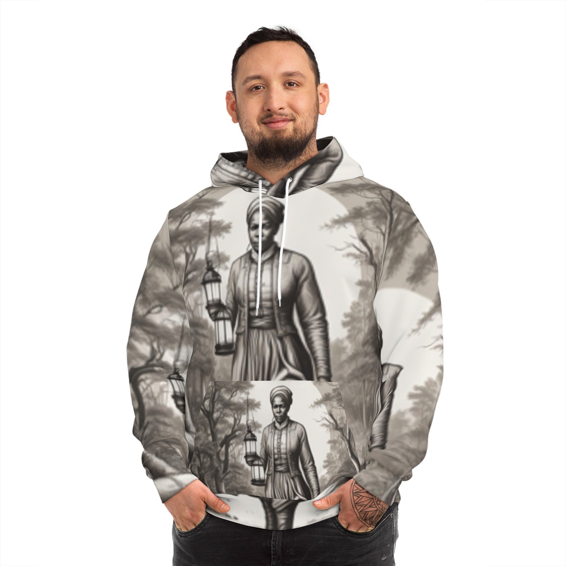 Front view of Black-Owned unisex fashion hoodie (AOP) worn by a model, showcasing vibrant all-over print.