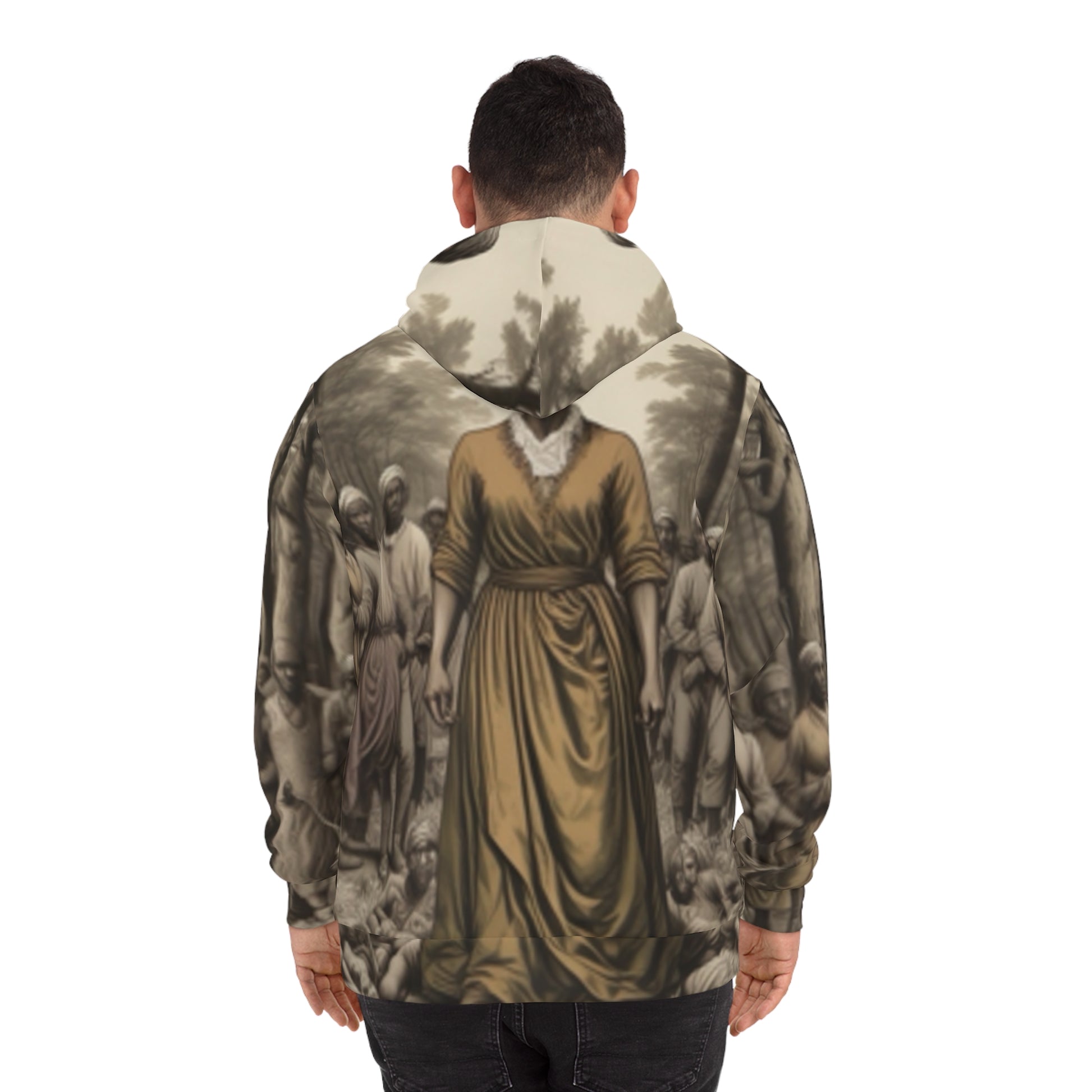 Back view of Black-Owned Harriet Tubman fashion hoodie for men worn by model, showcasing heritage-inspired design.