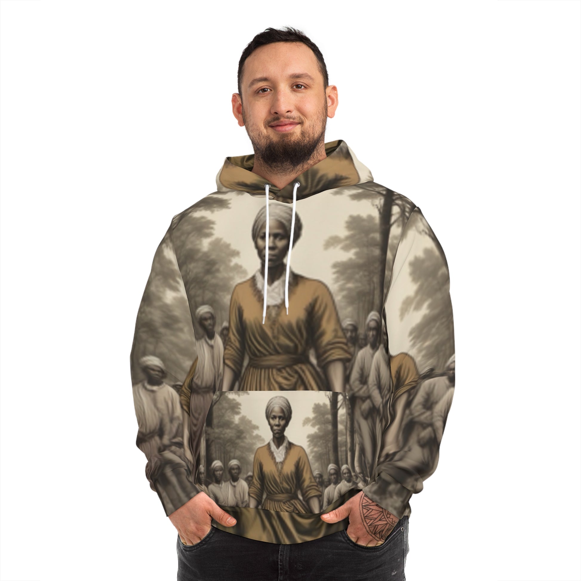 Front view of Black-Owned Harriet Tubman fashion hoodie for men worn by model, featuring full all-over print design.