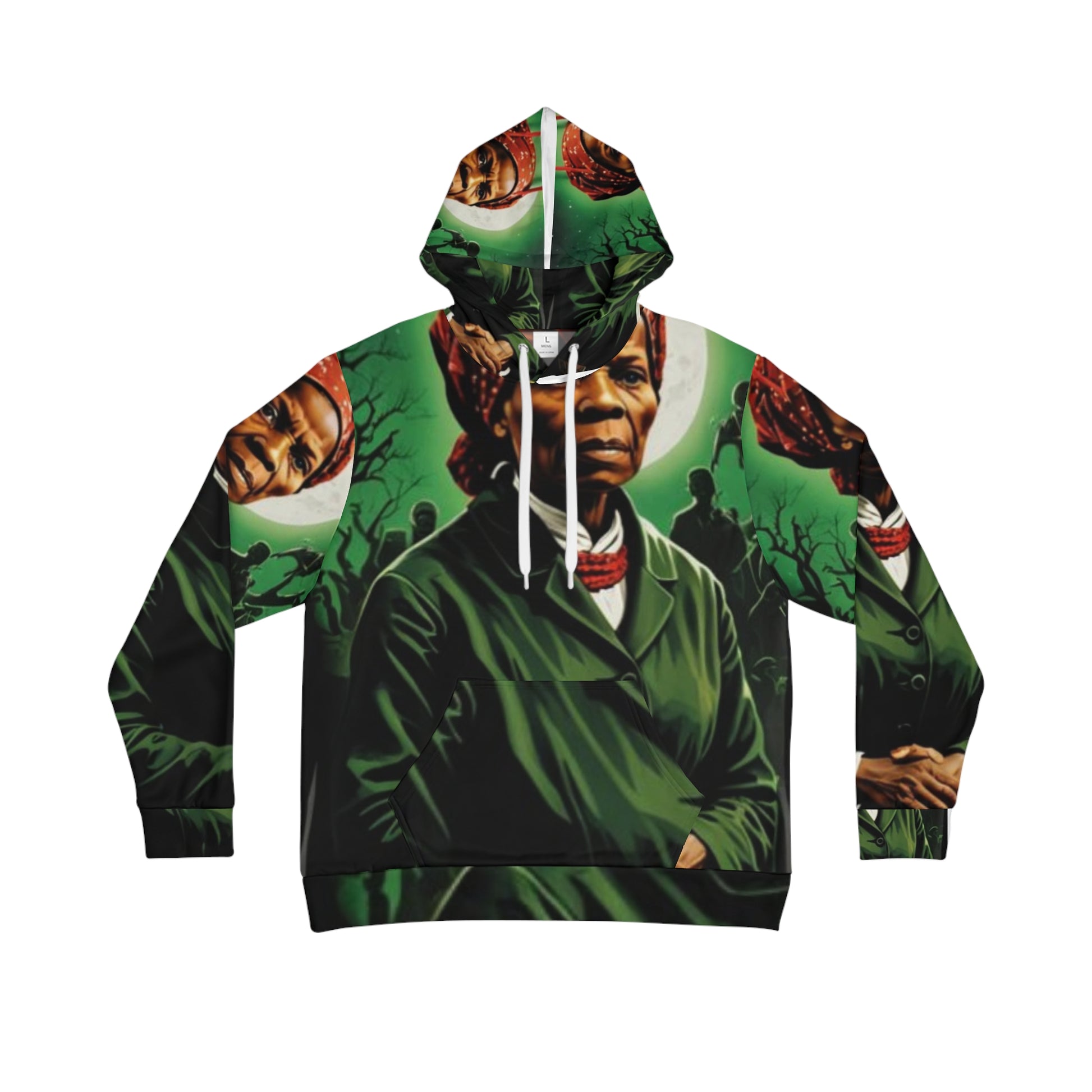 Front view of Black-Owned men's hoodie with pre-colonial all-over print and classic fit.