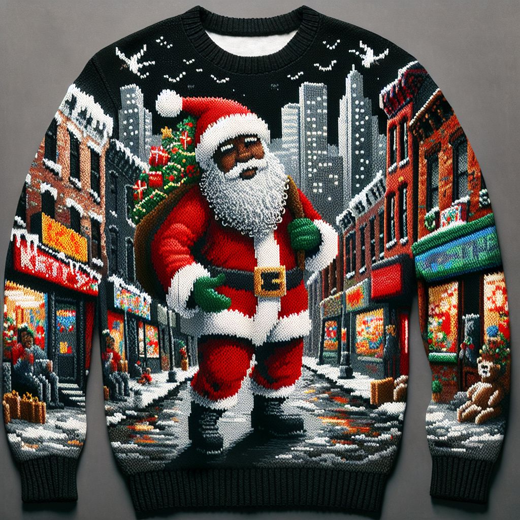 Men's crewneck sweatshirt with an all-over print featuring a traditional Santa Claus design, depicting Santa on a city street with a Christmas tree and buildings in the background.