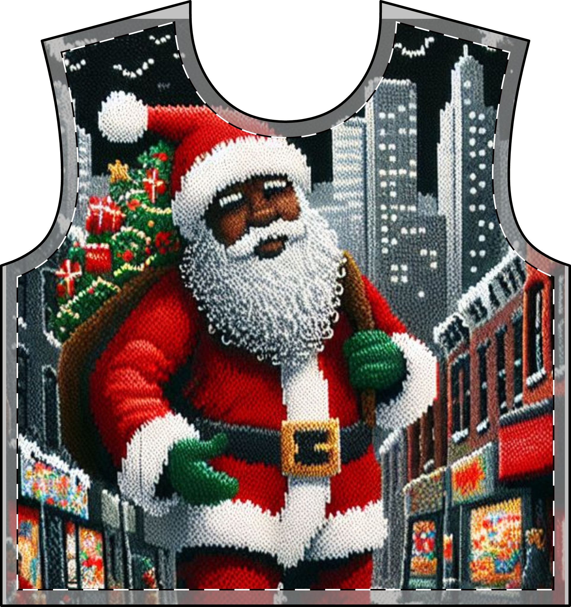Black-Owned sleeveless tank top for men with front print of Santa Claus in a decorated holiday city scene.