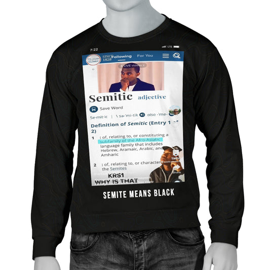 A mannequin wearing a black long-sleeve sweater with a definition of 'Semitic' and related text phrases printed on the front.