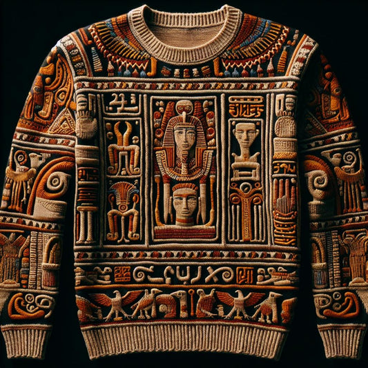 A multicolored Egyptian-inspired sweater with detailed geometric and animal patterns.
