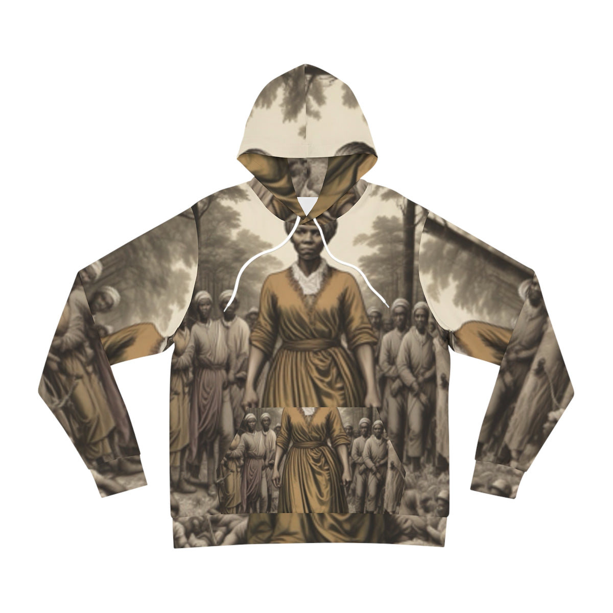  Front view of unisex Fashion Hoodie worn by – Black Owned brand, soft polyester-cotton-spandex blend with vibrant all-over print.