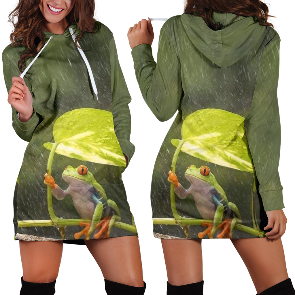  Front and back view of Frog in the Rain Women's Hoodie Dress worn by female model – Black Owned premium polyester hoodie dress designed for comfort, durability, and unique fashion style.