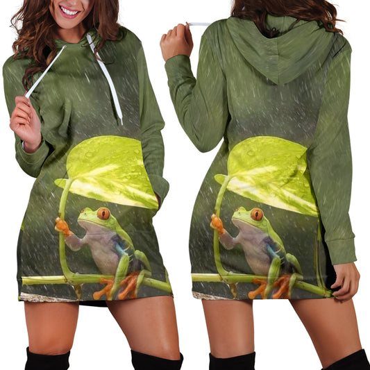  Front and back view of Frog in the Rain Women's Hoodie Dress worn by female model – Black Owned premium polyester hoodie dress designed for comfort, durability, and unique fashion style.