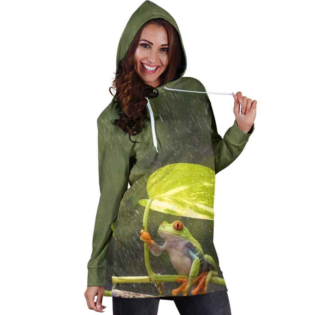  Front  view of Frog in the Rain Women's Hoodie Dress worn by female model – Black Owned 