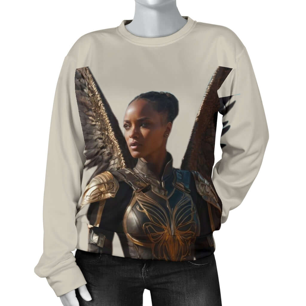 Front view of Women’s white sweater displayed on mannequin – Black Owned  1 hant-mannend in pocket.