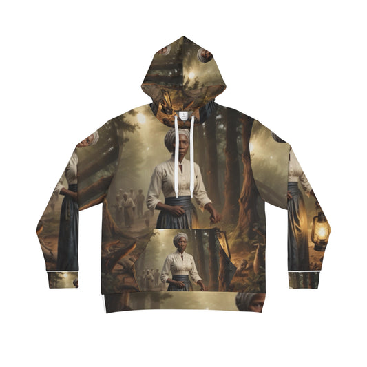 Front view of Harriet Tubman Hoodie – Black Owned Brand, silky-smooth polyester, all-over-print design with kangaroo pocket